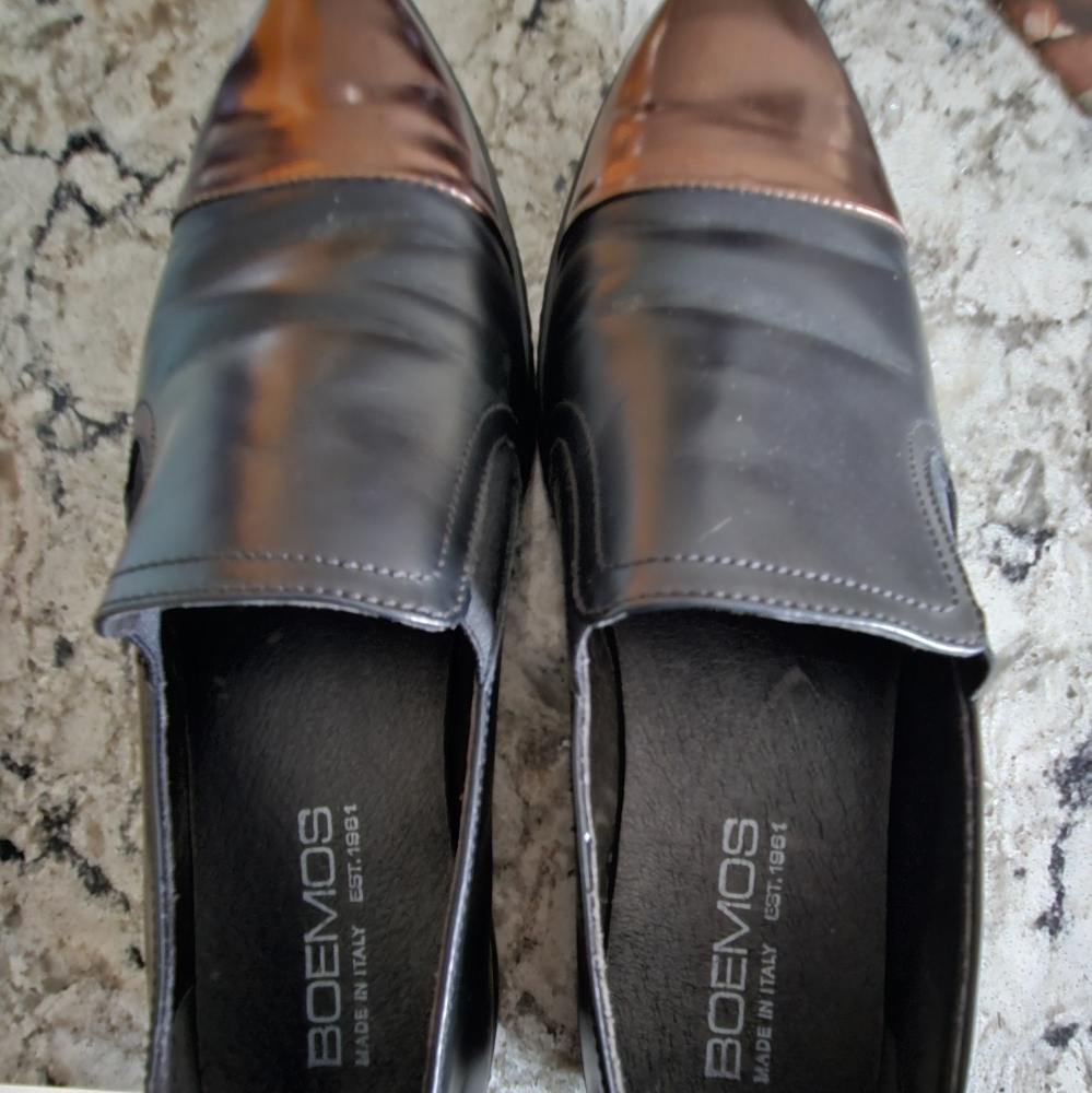 Boemos Black Italian Leather Loafers with Gold Pointed Toes